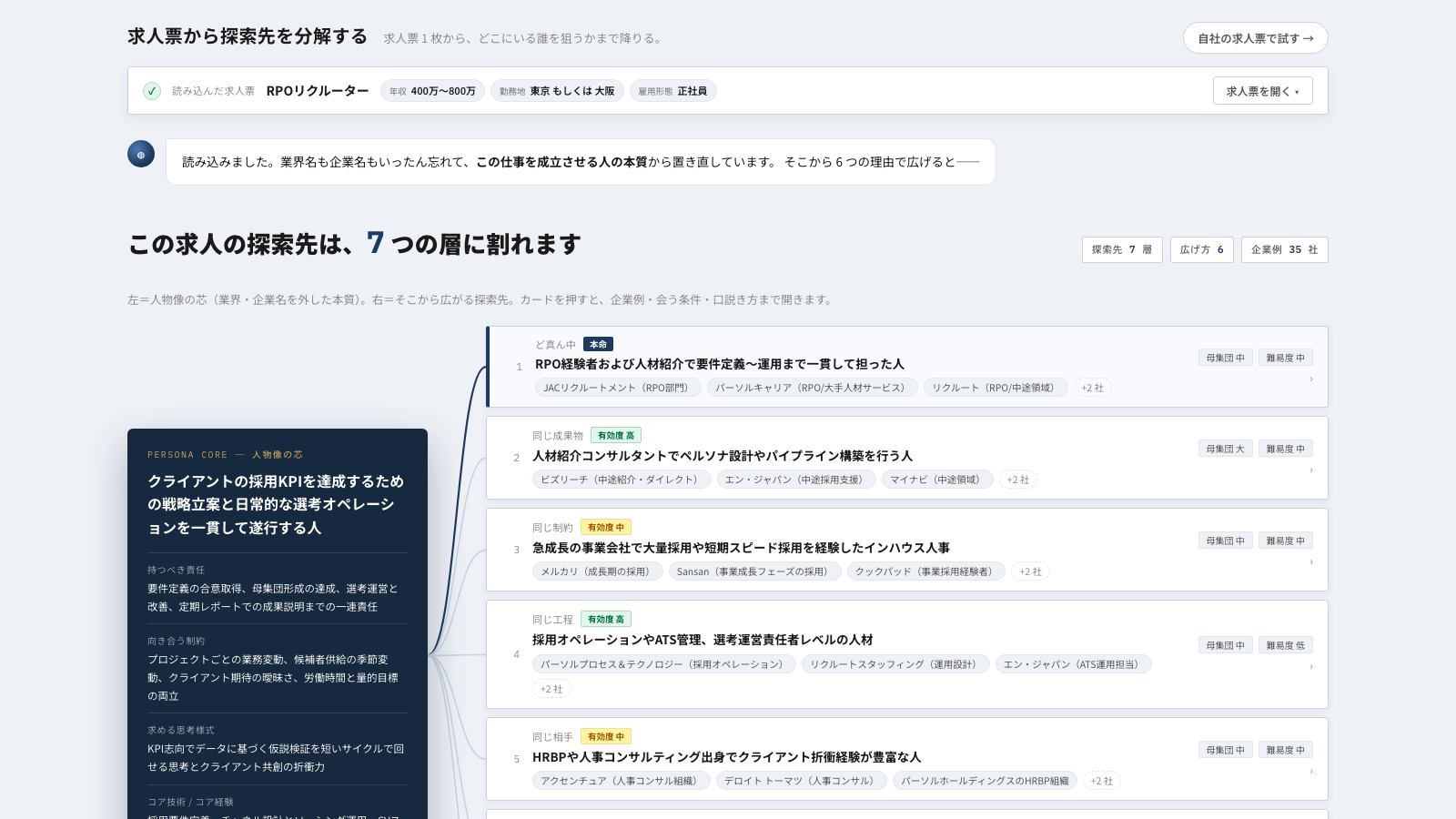 求人票を読み込んで探索先を分解した画面